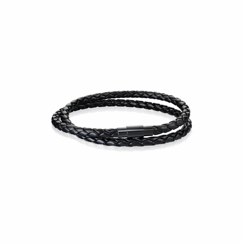 Bracelets / Curbs | Men’s bracelet black leather braided double links and magnetic steel clasp 20cm Bracelets / Curbs Bracelets / Curbs