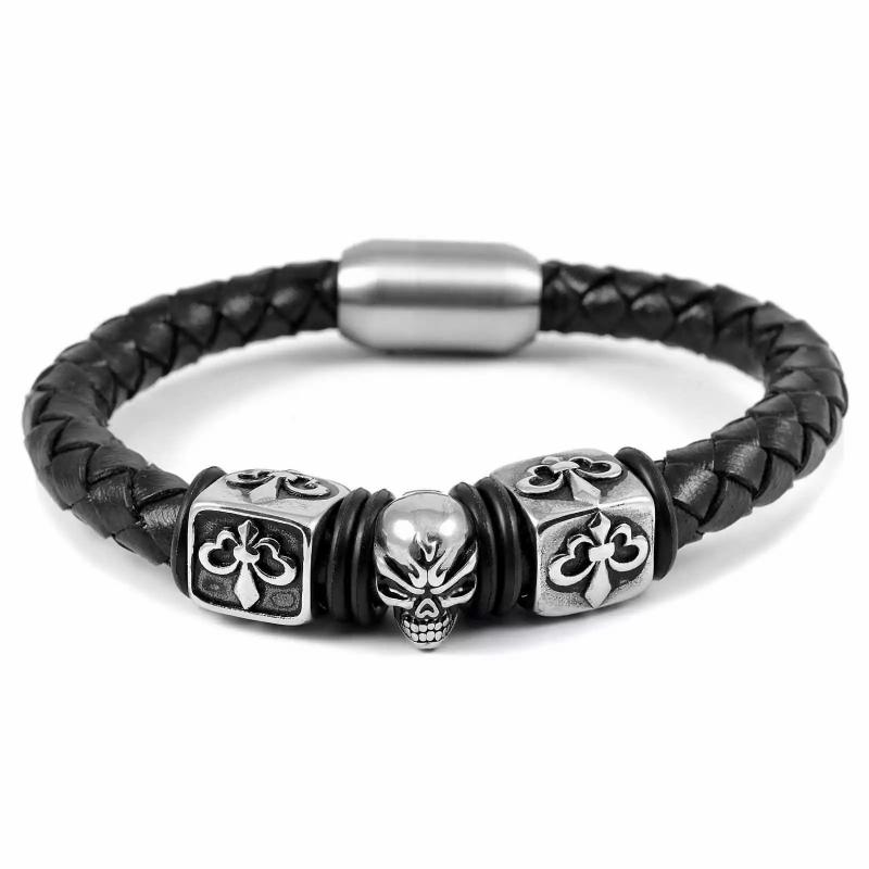 Bracelets / Curbs | Men’s leather bracelet and steel cube skull fleur-de-lys clasp Bracelets / Curbs Bracelets / Curbs