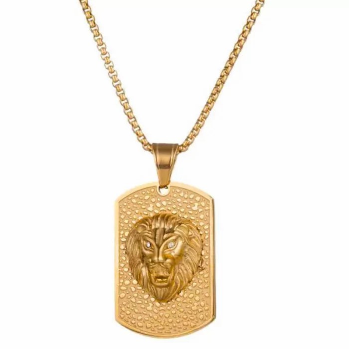 Chains / Necklaces | Men’s gold steel pendant necklace with fine gold military plate lion head in relief Chains / Necklaces Chains / Necklaces