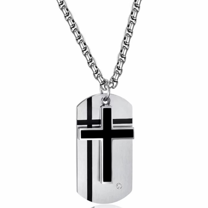 Chains / Necklaces | Men’s pendant in steel military plate and black Latin cross zircon Chains / Necklaces Chains / Necklaces