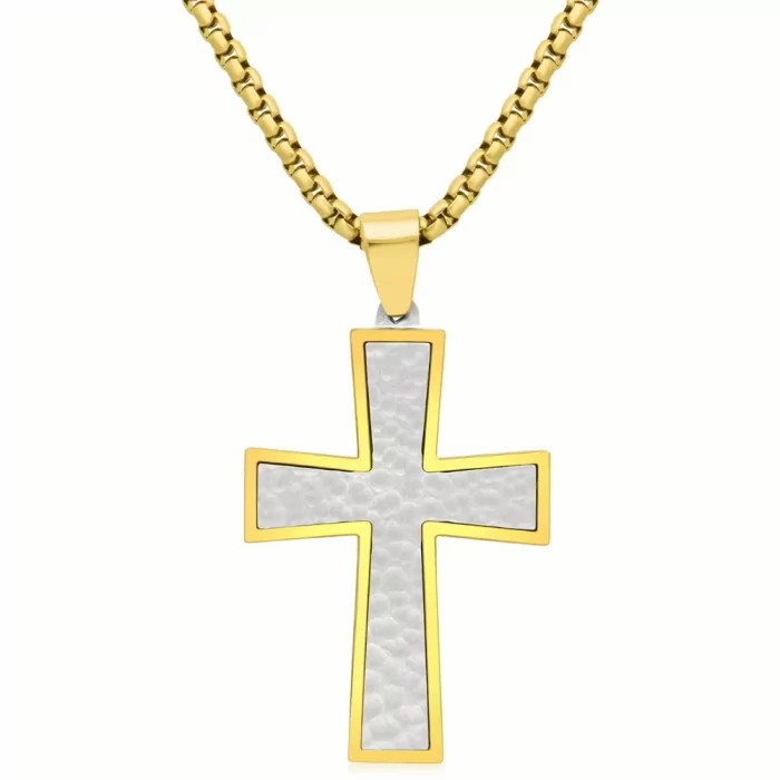 Chains / Necklaces | Men’s pendant necklace and chain included fine gold hammered steel cross Chains / Necklaces Chains / Necklaces