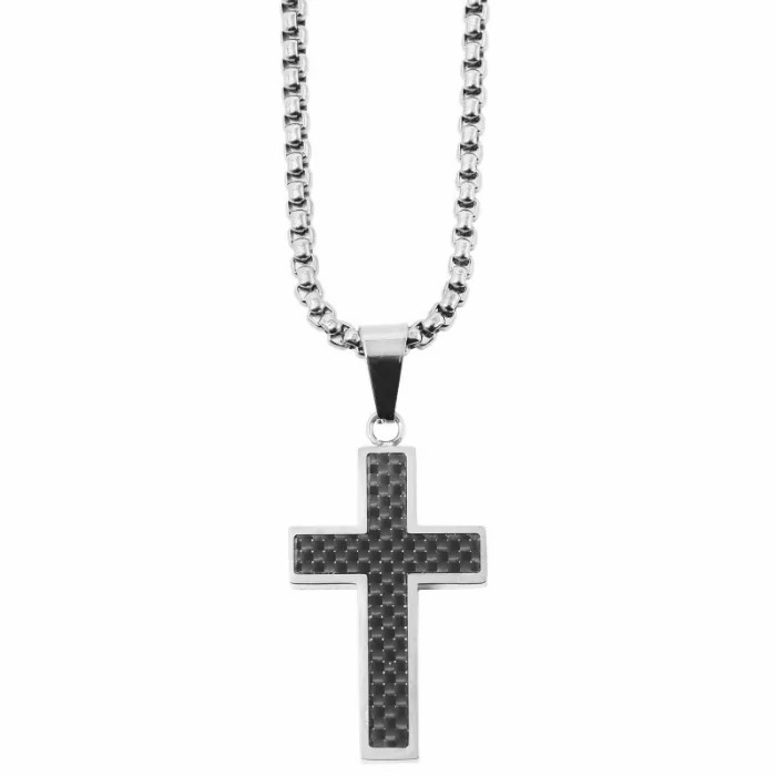 Chains / Necklaces | Men’s steel and carbon cross pendant necklace, choice of silver or gold color Chains / Necklaces Chains / Necklaces