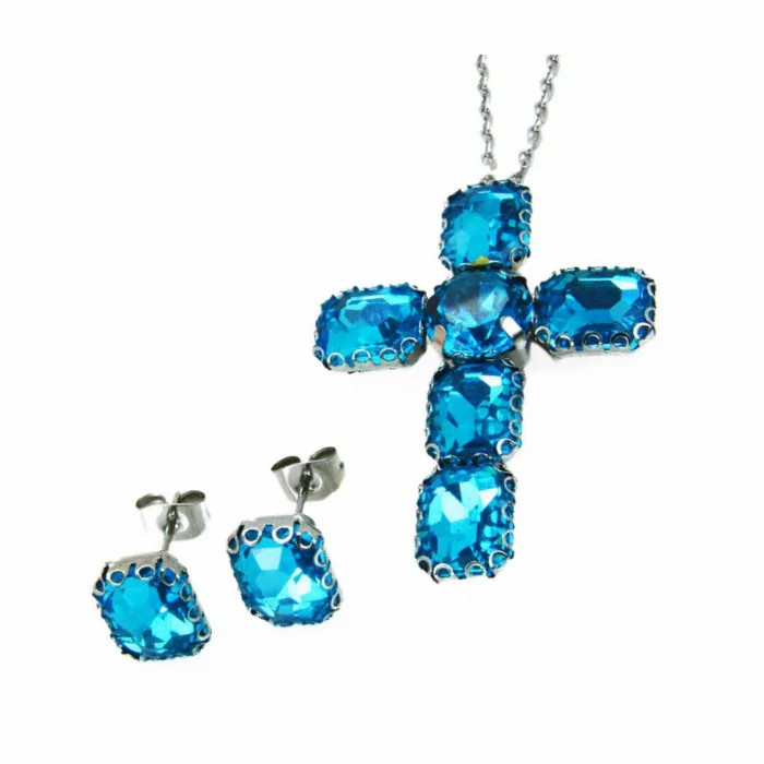 Parures | Cross pendant chain and earrings set for women in steel and blue crystals Earrings Earrings