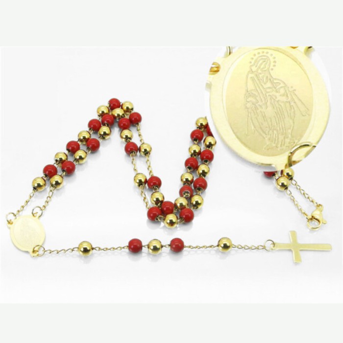 Pendants | Chapelet Woman Girl Cross and medallion Lady of Guadeloupe Gold Steel Red Beads Baptism Communion Womens Jewelry Necklaces/Chains/Sets