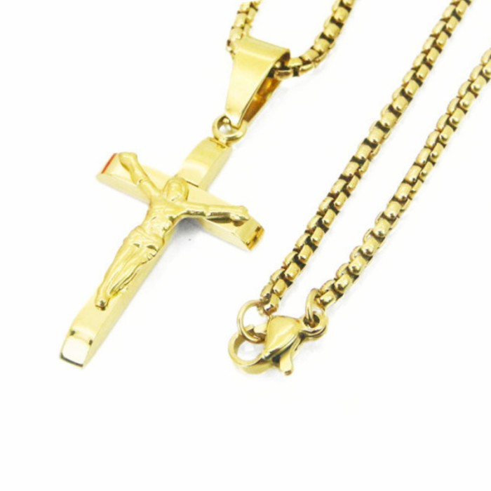 Pendants | Cross Pendant With Christ Jesus Crucifix Gold Steel and Blé Seed Chain Mens Jewelry Mens