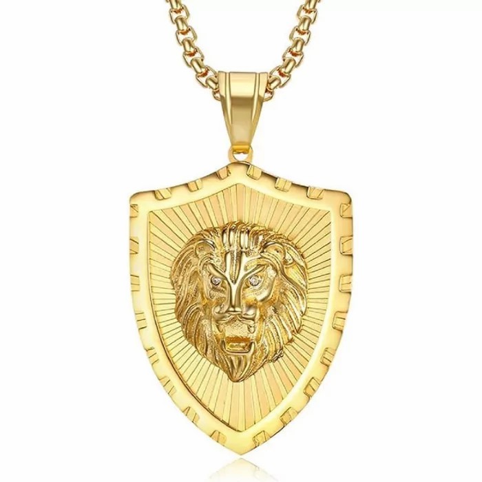 Pendants | Men’s gold-plated steel pendant necklace with fine gold lion’s head coat of arms in relief Chains / Necklaces Chains / Necklaces