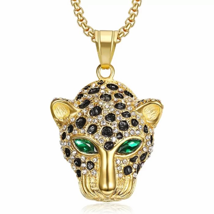 Pendants | Men’s pendant necklace leopard head green eyes hip-hop golden steel fine gold Chains / Necklaces Chains / Necklaces