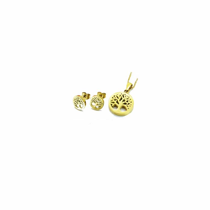 Pendants | Women’s chain pendant and earrings set, tree of life medallion, gold-colored steel Earrings Earrings