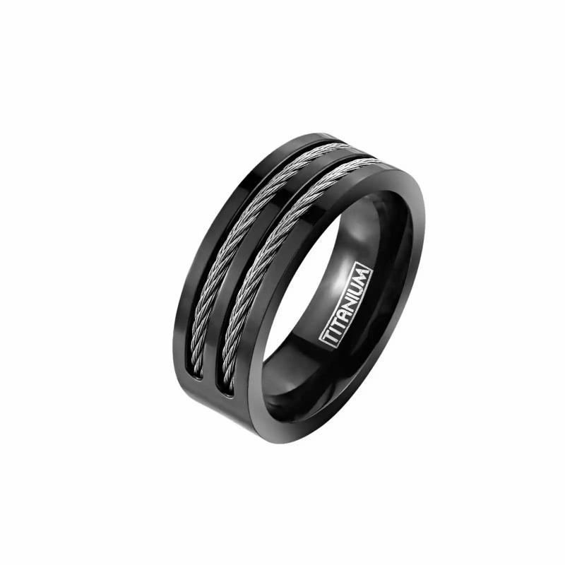 Rings / Wedding rings | All black titanium man ring ring and steel cables Mens Jewelry Mens