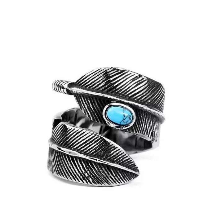 Rings / Wedding rings | Enveloping Feather Ring With Indian Turquoise Stone Men’s Steel Mens Jewelry Mens