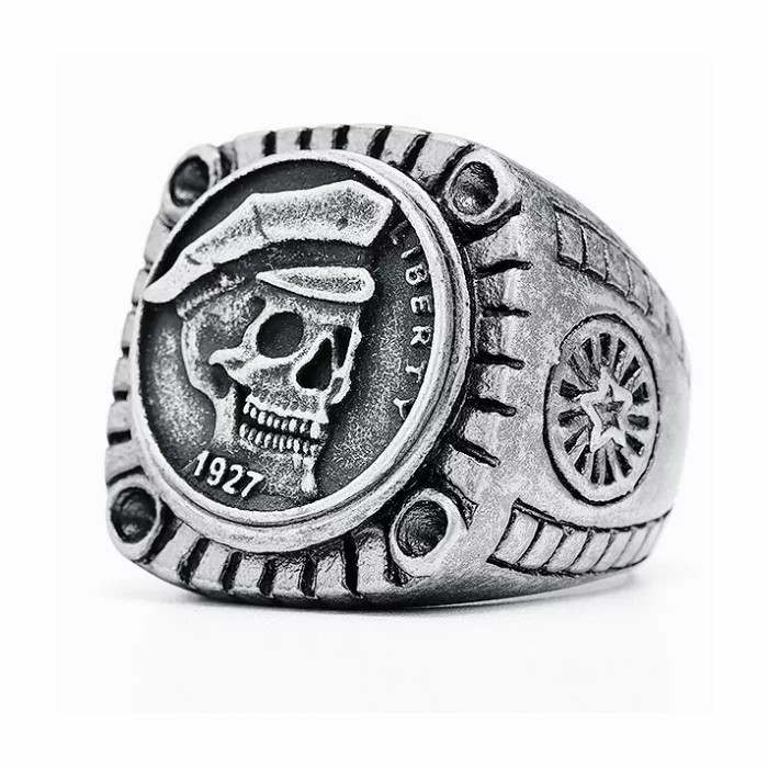 Rings / Wedding rings | Large signet ring for men in steel biker skull liberty 1927 Mens Jewelry Mens