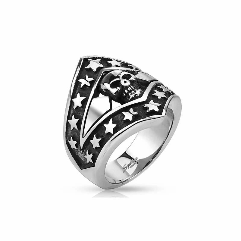 Rings / Wedding rings | Large signet ring for men in steel skull biker star shield Mens Jewelry Mens