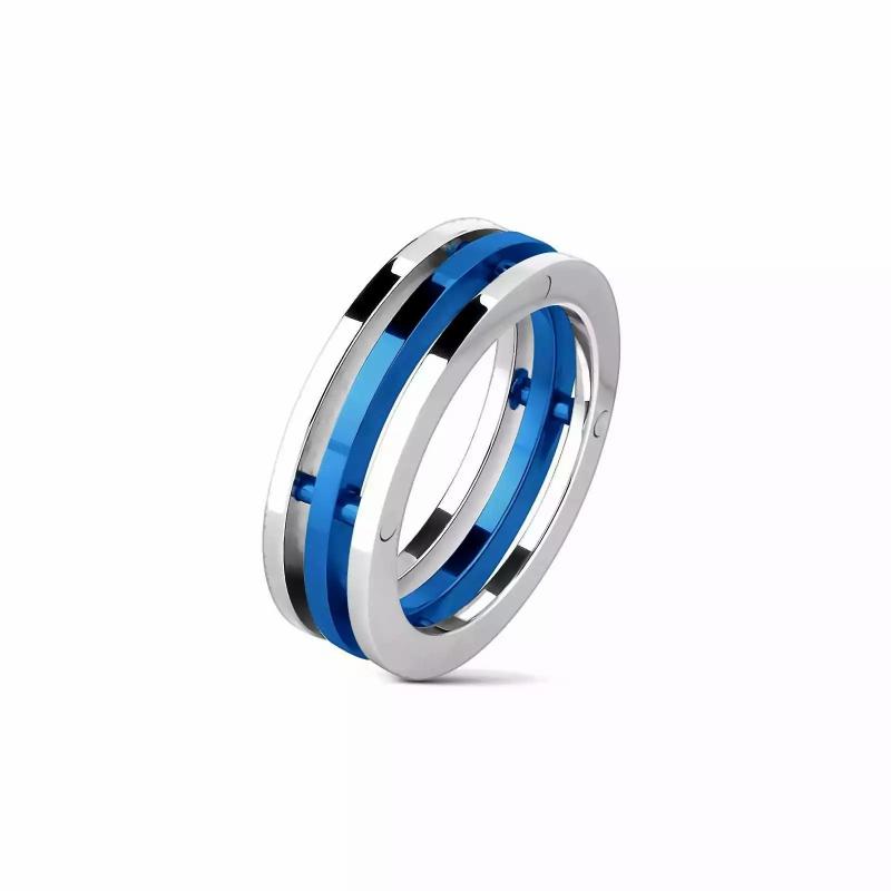 Rings / Wedding rings | Men’s 3-ring stainless steel and blue plated mechanical design ring Mens Jewelry Mens