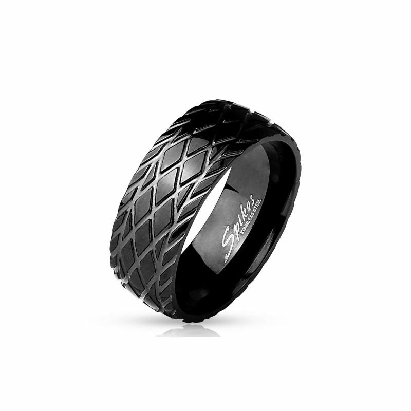 Rings / Wedding rings | Men’s all-black steel ring with diamond stripes, biker tire effect Mens Jewelry Mens