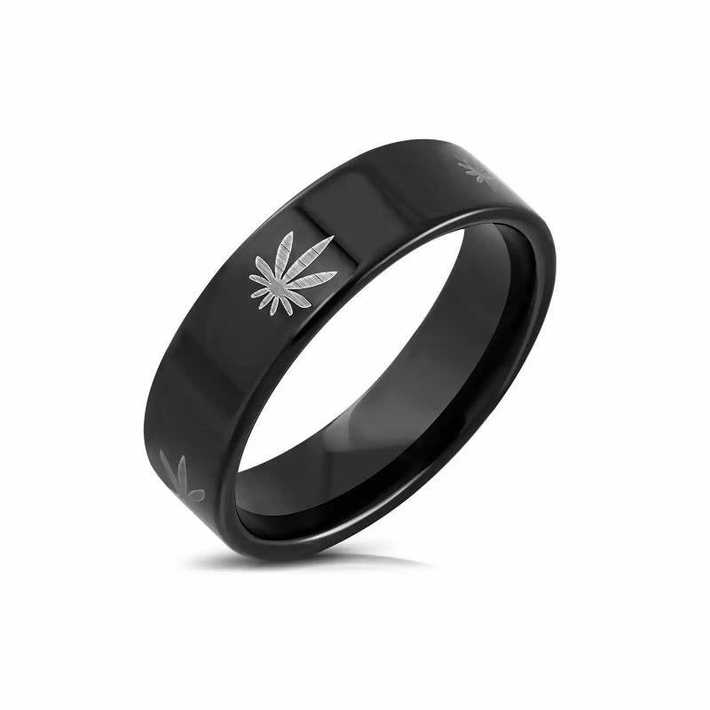 Rings / Wedding rings | Men’s black-plated steel ring decorated with cannabis leaves Mens Jewelry Mens