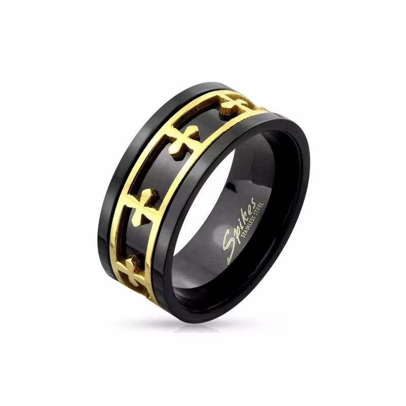 Rings / Wedding rings | Men’s black-plated steel ring, rotating gold-plated cross band Mens Jewelry Mens