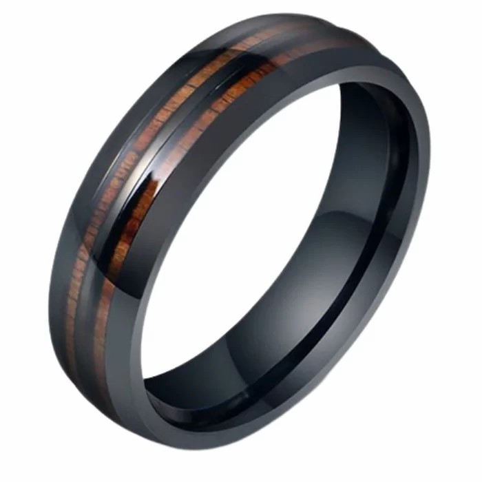 Rings / Wedding rings | Men’s black steel wedding ring double line wooden ring Mens Jewelry Mens