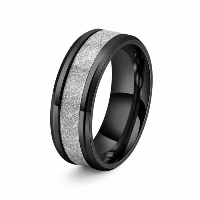 Rings / Wedding rings | Men’s black steel wedding ring with meteorite inlay Mens Jewelry Mens