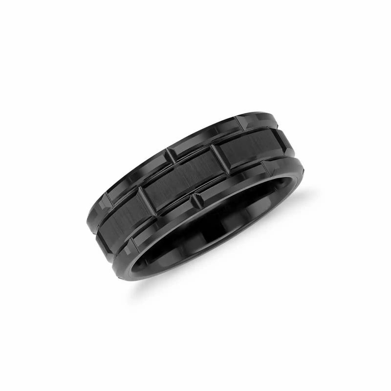 Rings / Wedding rings | Men’s black tungsten wedding ring with brushed center and alternating grooves Mens Jewelry Mens