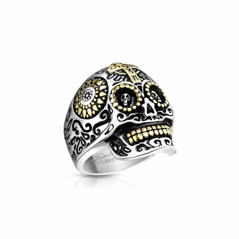 Rings / Wedding rings | Men’s gold steel signet ring Mexican style skull biker Mens Jewelry Mens