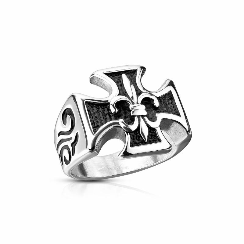 Rings / Wedding rings | Men’s signet ring in steel Maltese cross tribal lily flower Mens Jewelry Mens