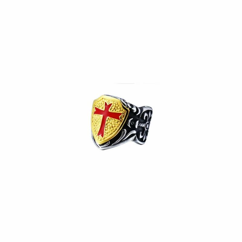 Rings / Wedding rings | Men’s signet ring steel golden coat of arms medieval red cross shield Templar Mens Jewelry Mens