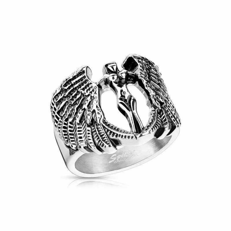 Rings / Wedding rings | Men’s stainless steel ring with woman’s wing, gothic crucified angel Mens Jewelry Mens