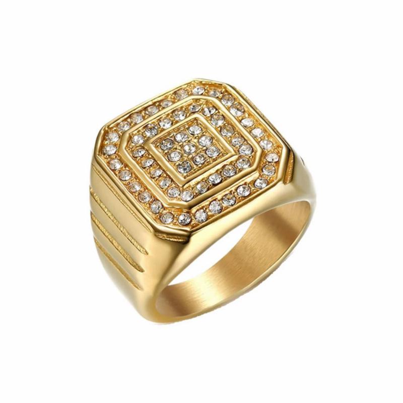 Rings / Wedding rings | Men’s Steel Gold Ring Pavé de Pierres Cristaux Faux Diamants Mens Jewelry Mens