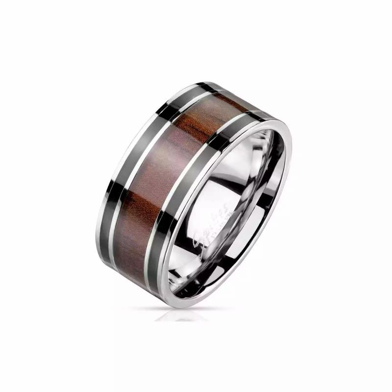 Rings / Wedding rings | Men’s steel ring, brown central band, classy wood imitation Mens Jewelry Mens