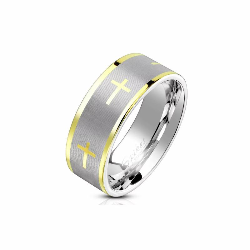 Rings / Wedding rings | Men’s steel ring with silver band and cross with golden edges in fine gold Mens Jewelry Mens