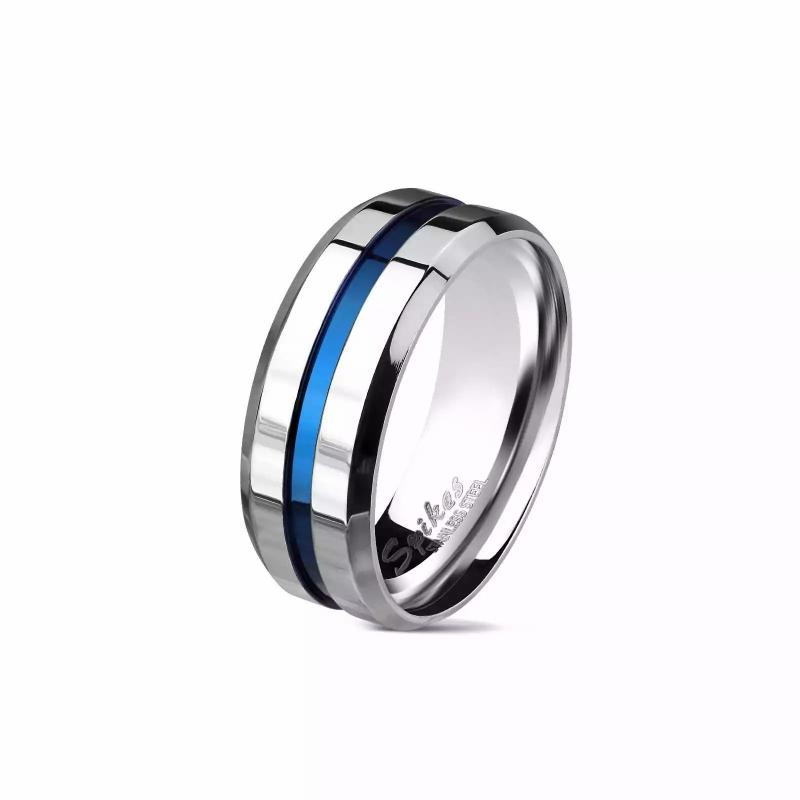 Rings / Wedding rings | Men’s two-tone polished steel ring groove central band blue Mens Jewelry Mens