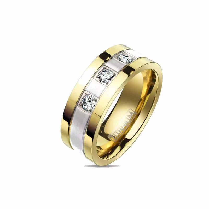 Rings / Wedding rings | Men’s wedding ring in titanium, three bands, gold, silver and three zircons Mens Jewelry Mens