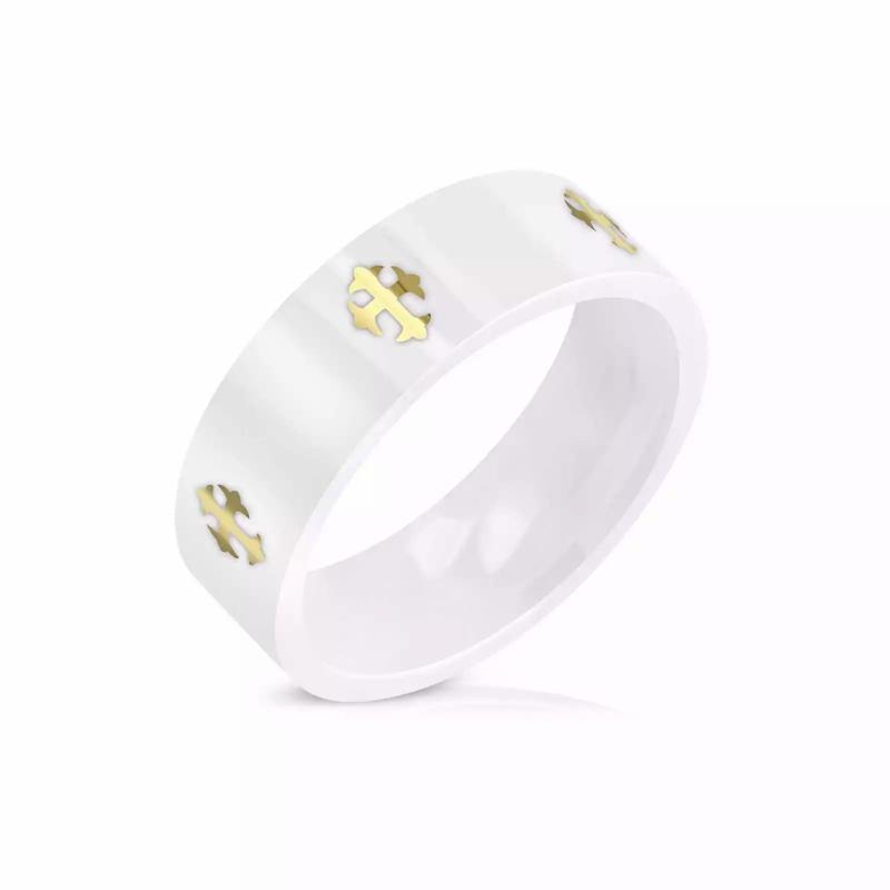 Rings / Wedding rings | Men’s white ceramic ring with laser engraved fleur-de-lys cross Mens Jewelry Mens