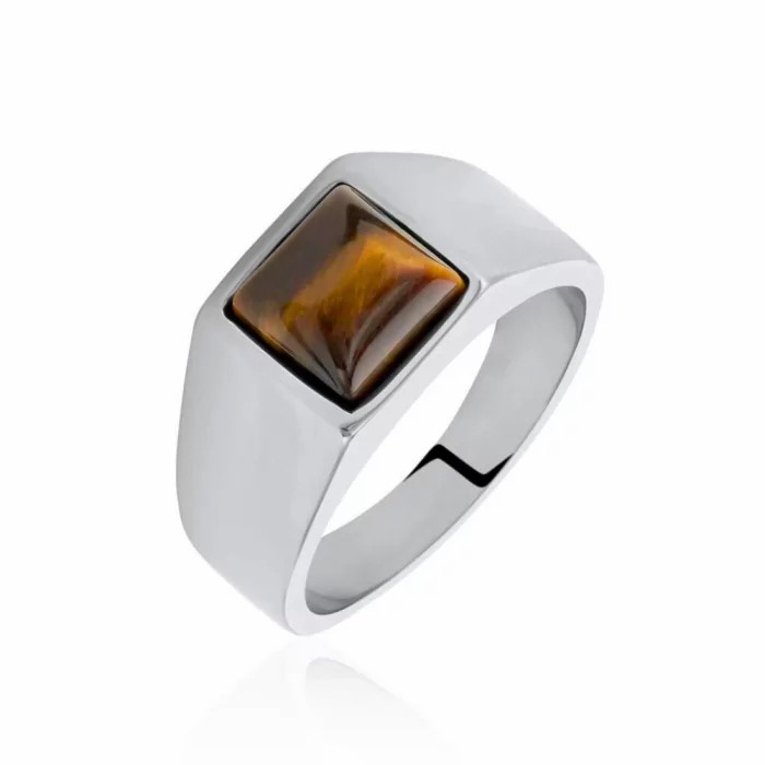 Rings / Wedding rings | Men’s white steel signet ring with square tiger’s eye tray Mens Jewelry Mens