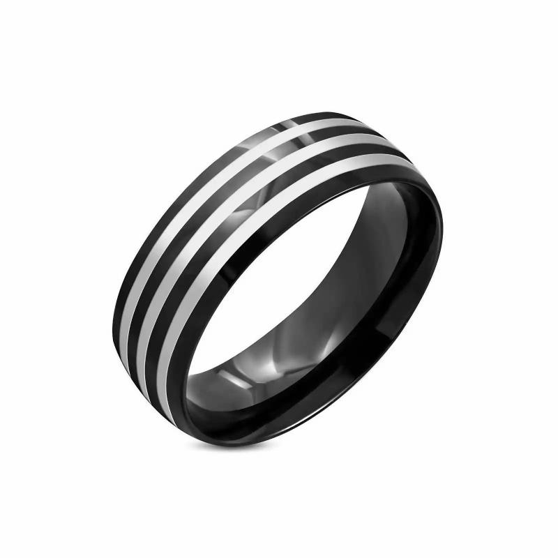 Rings / Wedding rings | Ring for men in black steel with three lines of gray stripes Mens Jewelry Mens