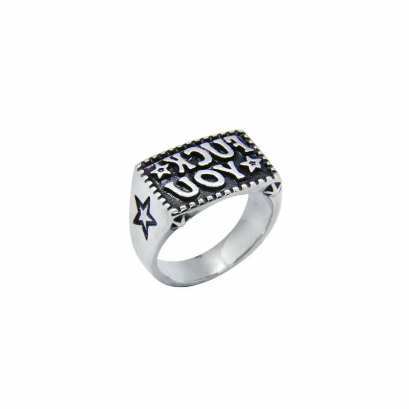 Rings / Wedding rings | Signet ring for men steel star fuck you engraved rebel biker Mens Jewelry Mens