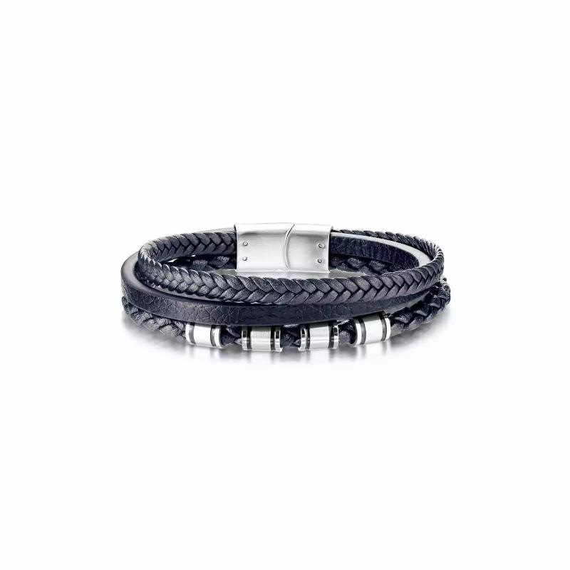 Bracelets / Curbs | Men’s blue leather bracelet braided with triple links and magnetic steel clasp Bracelets / Curbs Bracelets / Curbs