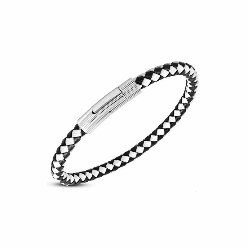 Bracelets / Curbs | Men’s leather bracelet with magnetic steel clasp, black and white rugby color Bracelets / Curbs Bracelets / Curbs