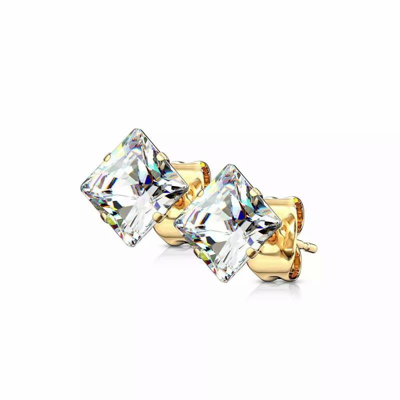 Earrings | Pair of earrings for men and women with white square zircon, gold-plated stem Earrings Earrings